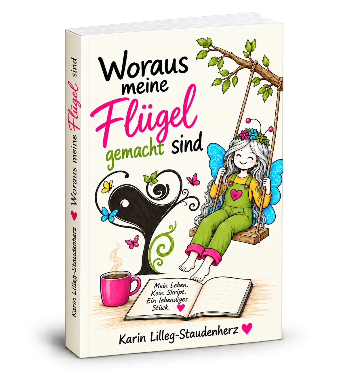 Woraus meine Flügel gemacht sind - Buch von Karin Lilleg-Staudenherz, illustriertes Cover mit Frau auf einer Schaukel und Schmetterlingsflügeln