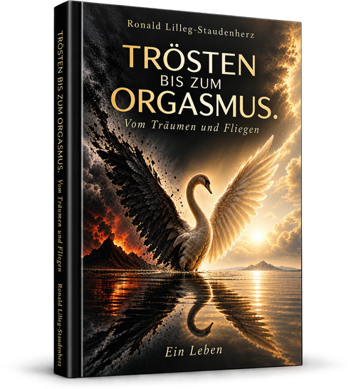 Trösten bis zum Orgasmus - Buch von Ronald Lilleg-Staudenherz, illustriertes Cover mit einem Schwan zwischen Hell und Dunkel, Untergang und Auferstehung
